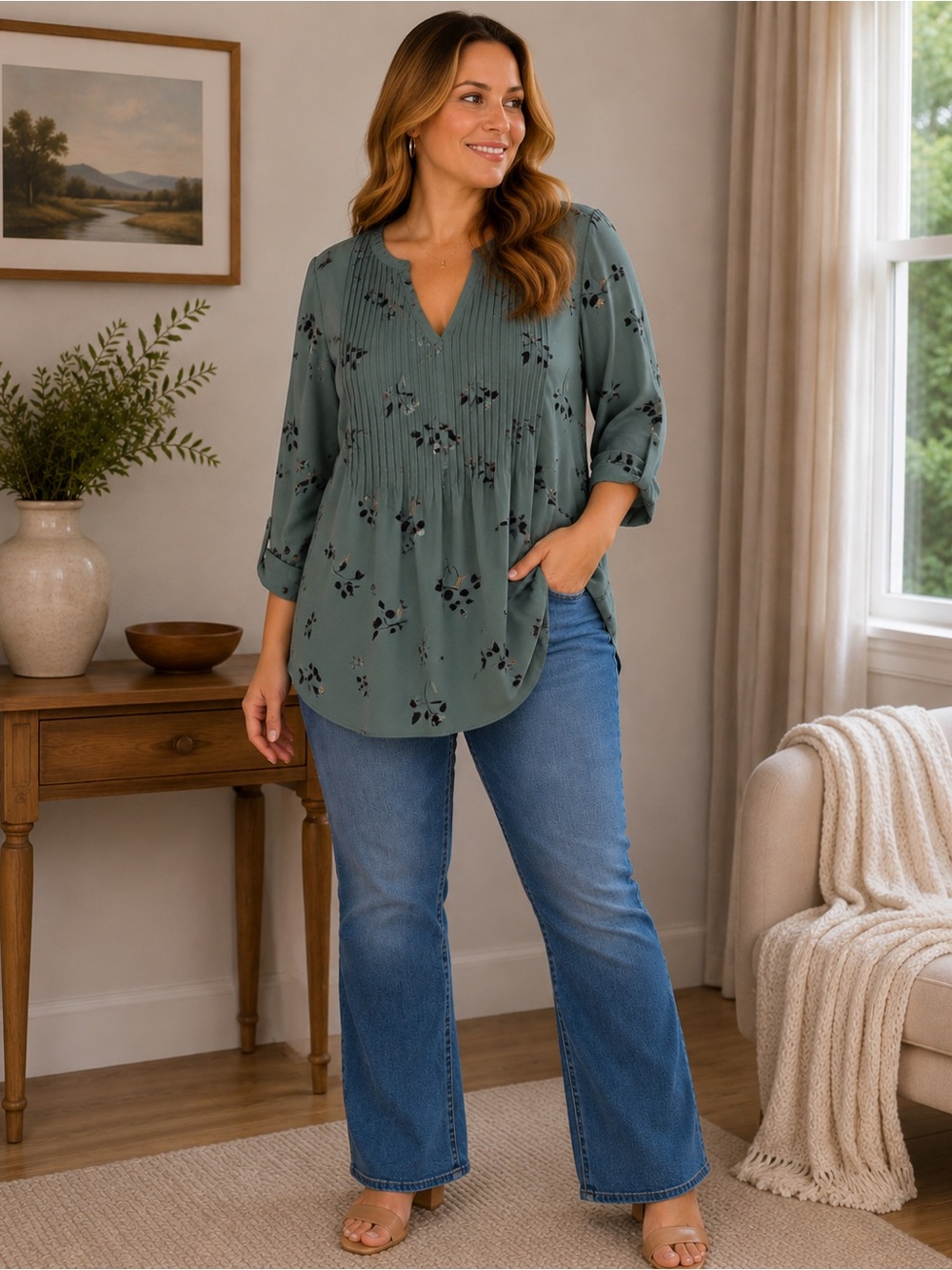 Reitmans Teal Floral Pintuck Tunic